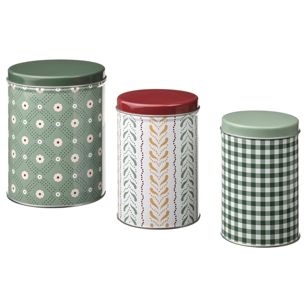 Ikea Canisters Tin Set Of 3 w/lids Green 705.296.82 NEW Holiday Christmas Gift